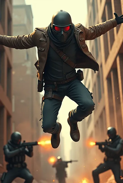 create an hg image where a gunman named taylor jumps from one building to another while soldiers shoot at him, he has a cowbow style outfit he is not shooting back just jumping off the building , He has an advanced mask and glasses like a motorcycle helmet...