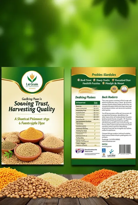 *Lal Grain & Merchant Poster Design*


*Front Side:*


1. Background: Green color
2. Logo: Lal Grain & Merchant ka logo (Wheat Sheaf ya Grain Ear icon)
3. Tagline: "Sowing Trust, Harvesting Quality"
4. Product Image: High-quality image of pulses (Moong, To...