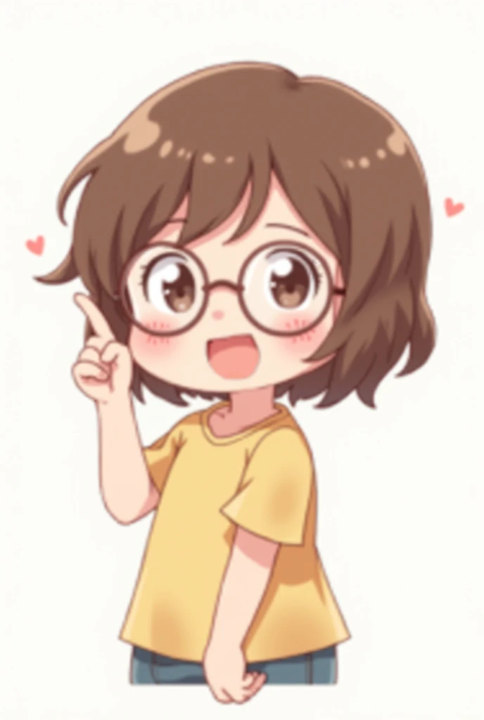 Cute anime style chibi of a girl with short wavy brown hair and round glasses, raising the index finger as if he were going to say something intelligent, blushing cheeks and a cute smile

