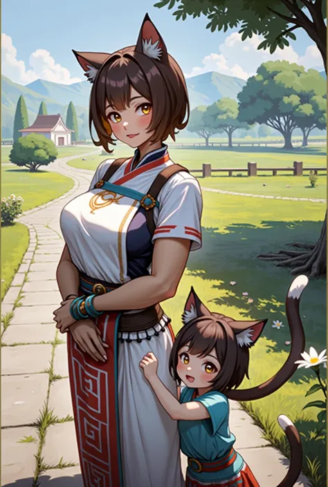 -Appearance: 3. cat girl. Human body and characteristics, cat ears, cat tail, cat tongue, short chin length brown hair, lightly tanned skin, dark orange eyes, D cup breasts, voluptuous body, muscular. Wears foreign and exotic clothes, light and breathable....