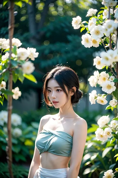 A beautiful young Japanese woman stands surrounded by lush white flowers, illuminated by a soft, golden light that filters through a large, radiant sun-like symbol behind her. She is dressed in flowing, loosely wrapped fabric that elegantly drapes over her...