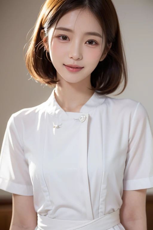 (Tabletop,highest quality,16k,Ultra-high resolution)、(One beautiful nurse:1.1),(The perfect white nurse uniform:1.1),beautiful hair,Accurate anatomy,(very bright white lighting:1.1),(Close-up of face:1.3),Spectacular Cinema Lighting,Tyndall effect,(standin...