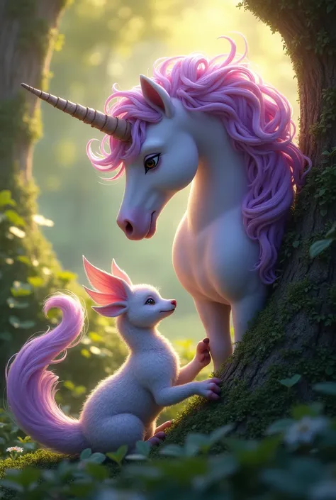 Unicorn named Lilac helping her little griffin trapped in a bush
