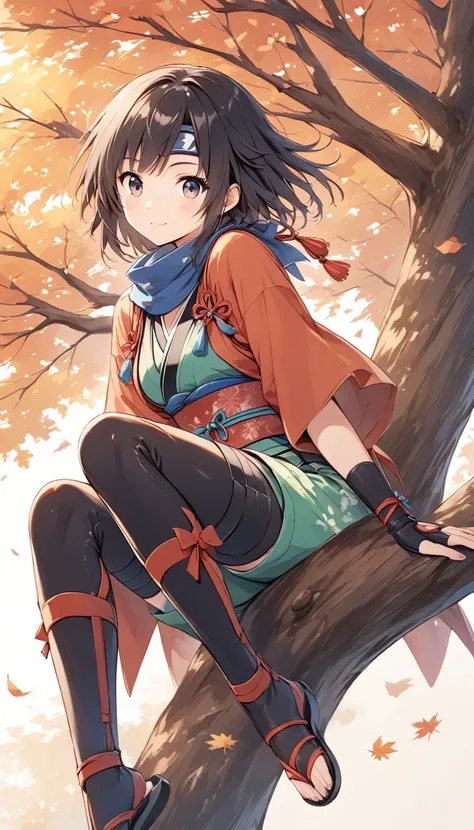 vector art、female ninja、Sengoku period、female ninja、Cute、sits on a tree branch, autumn tree, November