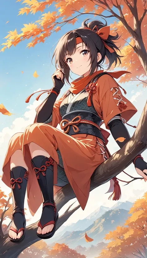 vector art、female ninja、Sengoku period、female ninja、Cute、sits on a tree branch, autumn tree, November