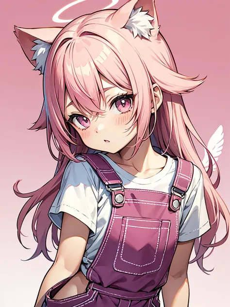 chibi, 1 loli-shota, 6yo, pink hair, long hair ,cat ears, cat tail, angel halo, angel wing, Overalls, shoot from front, frontal, front-view, front view, upper body, gradient pink background