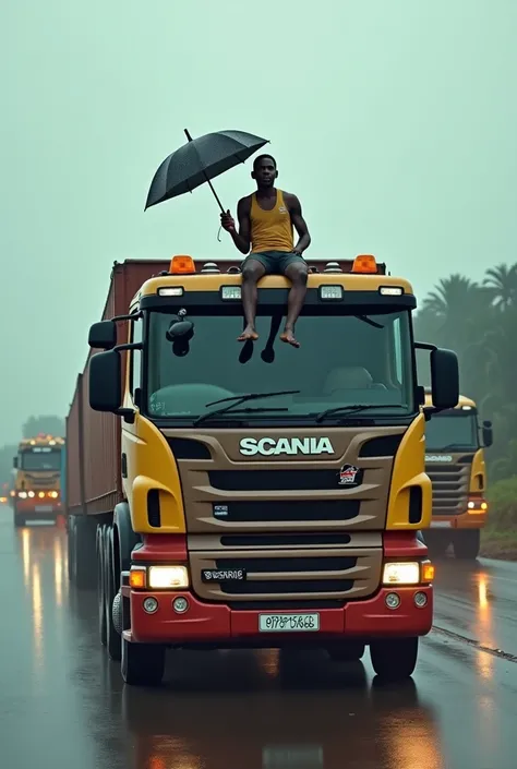 Create a long queue of Scania trucks on a paved road in Iringa, Tanzania, with a plate number featuring the name GAST HABARI. A young Tanzanian man is sitting on top of the lead Scania trucks cab in the rain, holding an umbrella with one hand and a sign wi...