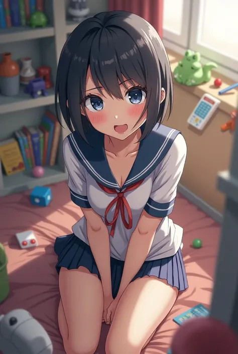 1 , high resolution, short hair, blue eyes, Bangs between the eyes, toys, underwear on display, black hair, short skirt showing panties, High school, Japanese 