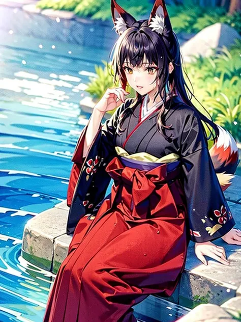 anime, illustration, girl, fox ears, fox tail, big tail, fluffy tail, big ears, hakama, furisode, long kimono, hakama, long hakama, long furisode, wet clothes, soaking wet clothes, wet and shiny clothes, clothes with a wet texture, clothes that stick to th...