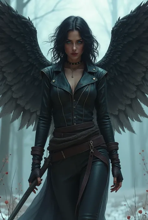 dystopian world book cover with a fallen angel (a woman) on the cover, who has black wings traced with a little dark red, tanned skin, blue eyes and black curly hair. Make it look like she is wearing mens clothes, its winter and she is holding a sword. Mak...