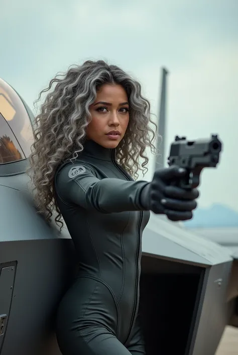 A beautiful youthful looking Filipino version of Ariana Grande as a 50 years old woman with long curly compl etely gray hair as the superhero Daisy Johnson from A gents of S.H.I.E.L.D wearing a Daisy Johnson outfit lea ning on a f 35 holding a gun in her h...