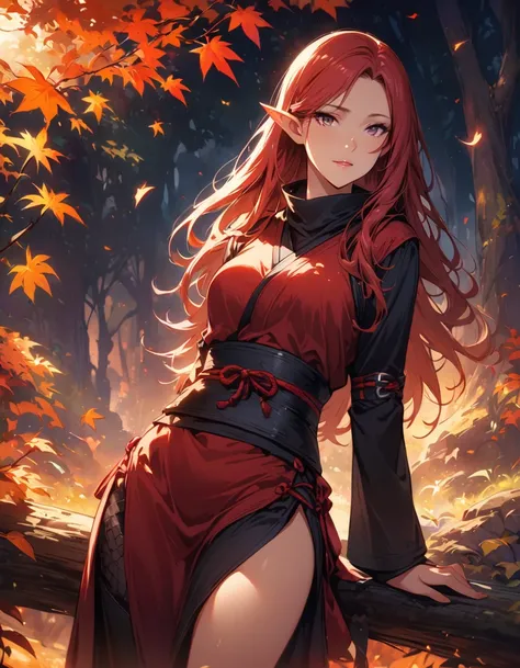 detailed textures, high quality, high resolution, high accuracy, Realism, color correction, correct lighting settings, harmonious composition. ((best quality)), ((masterpiece)), (detailed), 1 girl, sexual, elf, red hair, curled hair, straight hair, pointed...