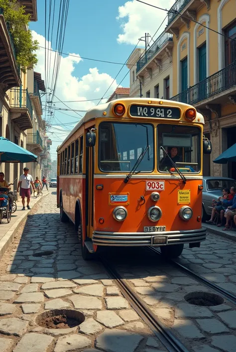 image of the 903C São Januário bus line going down a cobblestone road full of holes