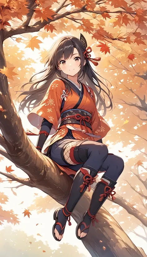 vector art、female ninja、Sengoku period、female ninja、Cute、sits on a tree branch, autumn tree, November