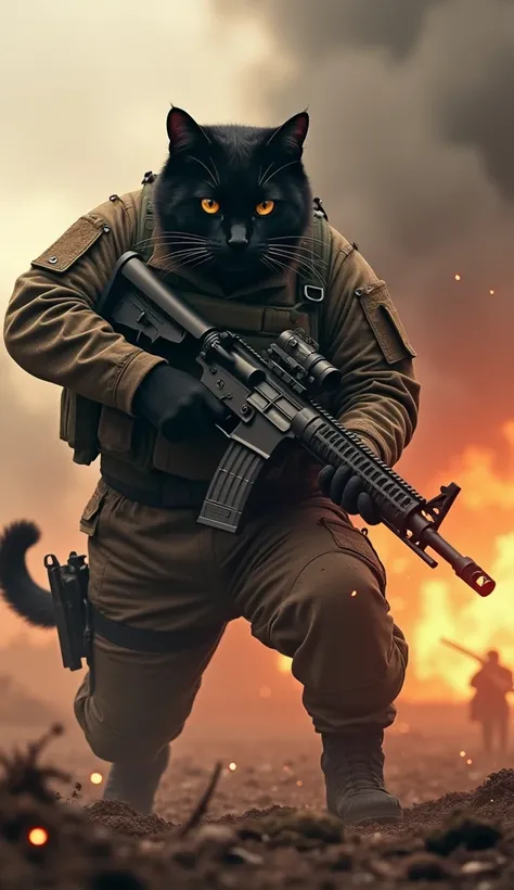 A black father cat as army soldier with his ak 47 gun firing to enemies smokes fire