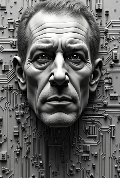 Inside the computer motherboard is a drawing of the face of a grown man with the motherboard side up