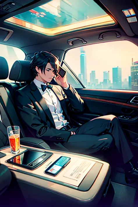 A 6 VERSION WITH SHORT HAIR AND IN THE BACK SEAT OF A LIMOUSINE TALKING ON A CELL PHONE