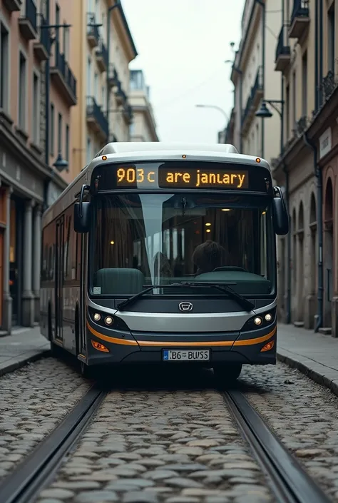 New bus with sign written "903C are January" I go down a cobbled street full of holes on the outskirts