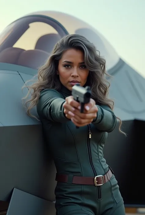 A beautiful youthful looking Filipino version of Ariana Grande as a 50 years old woman with long curly compl etely gray hair as the superhero Daisy Johnson from A gents of S.H.I.E.L.D wearing a Daisy Johnson outfit lea ning on a f 35 holding a gun in her h...