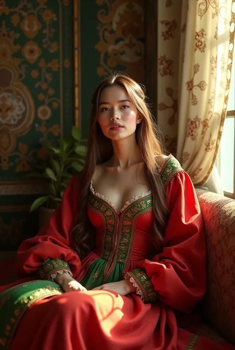 (photorealism:1.2), beautiful medieval woman, noble woman, wearing a red medieval noble dress with green ascents, long straight brown hair, white alabaster skin, caucasian, Bohemian, indoors, soft lighting, window with sunlight, cosy room, relaxed pose, re...