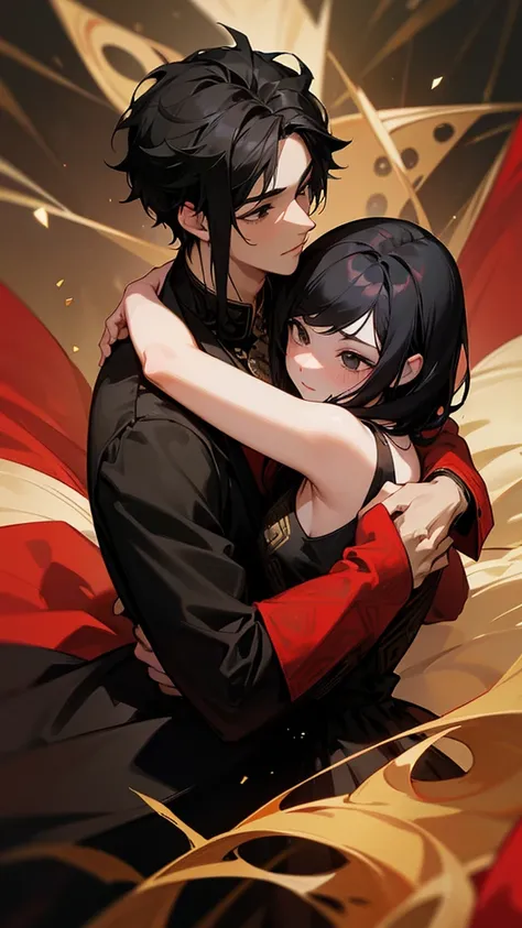 A handsome young man with black hair and black eyes, wearing a red dress, hugs and kisses a handsome young man with black hair and black eyes, wearing a black dress with gold patterns.