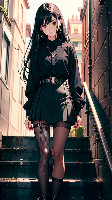 1girl, solo, long hair, looking at viewer, skirt, shirt, black hair, jewelry, pantyhose, outdoors, belt, black skirt, necklace, nail polish, black eyes, sleeves past wrists, black shirt, cross, fishnets, stairs, fishnet pantyhose, photo background