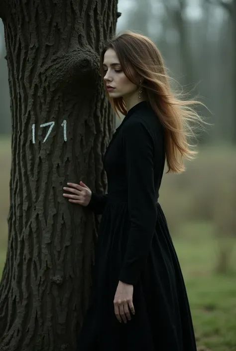 A mystical woman , in a simple black mourning dress. Open light brown hair . She stands sideways to a tree , on the tree is 171 