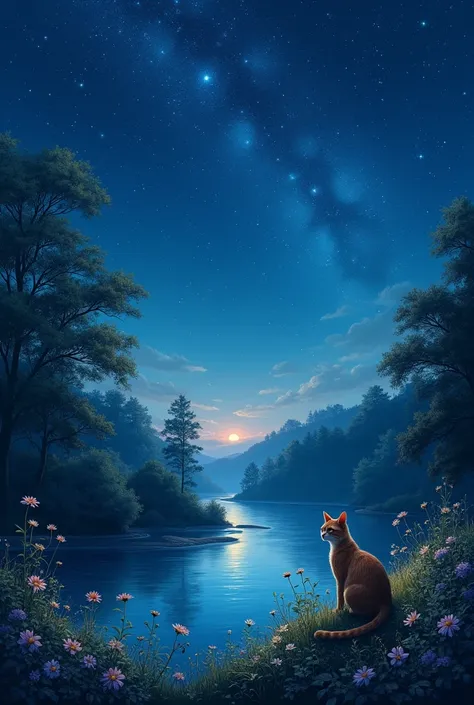 Absolute and fantastic realism of a night full of stars, river with flowers around and Nature , stunning image , sky highlighted with a discreet cat in the bush between the sky lights , call star, starry sky, destaque starry sky estilo Monet, highlight the...