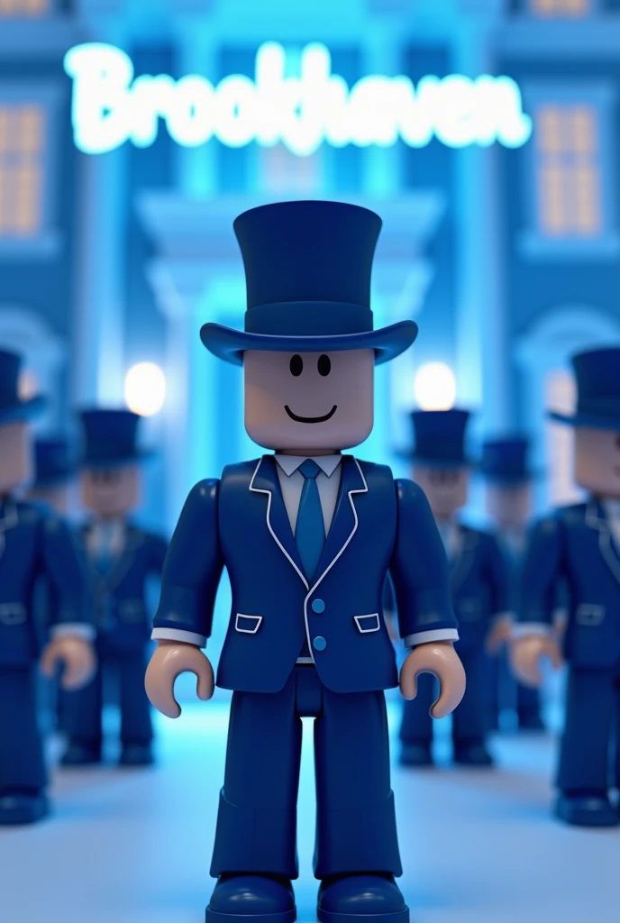 Make several Roblox people in blue and a presenter in a blue top hat and a blue jacket and blue pants and blue shoes and behind a blue mansion written on top brookhaven