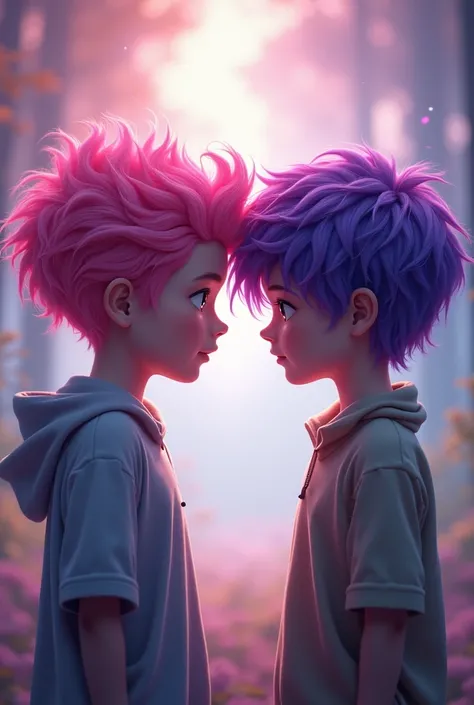 Image of two boys facing each other, one with pink hair and the other with purple hair 