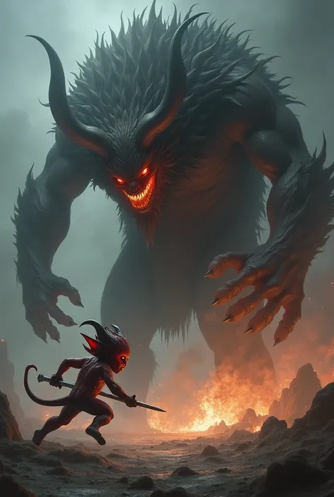 A baby demon fighting with a huge monster 