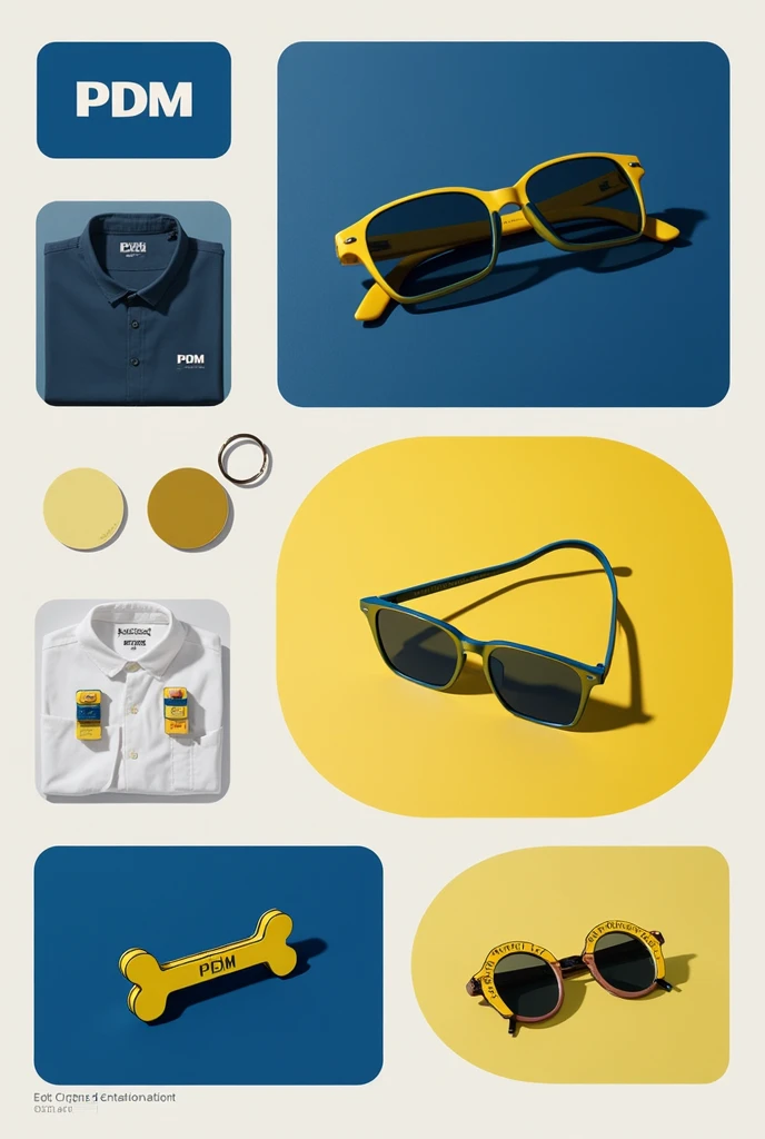 Create a visual identity for a brand called pdm, it will be an accessories brand that will sell shirts., glasses, keychains, pins, bones with writing make minimalist and vivid signs with luxury style and high performance brand but with rounded lines of blu...