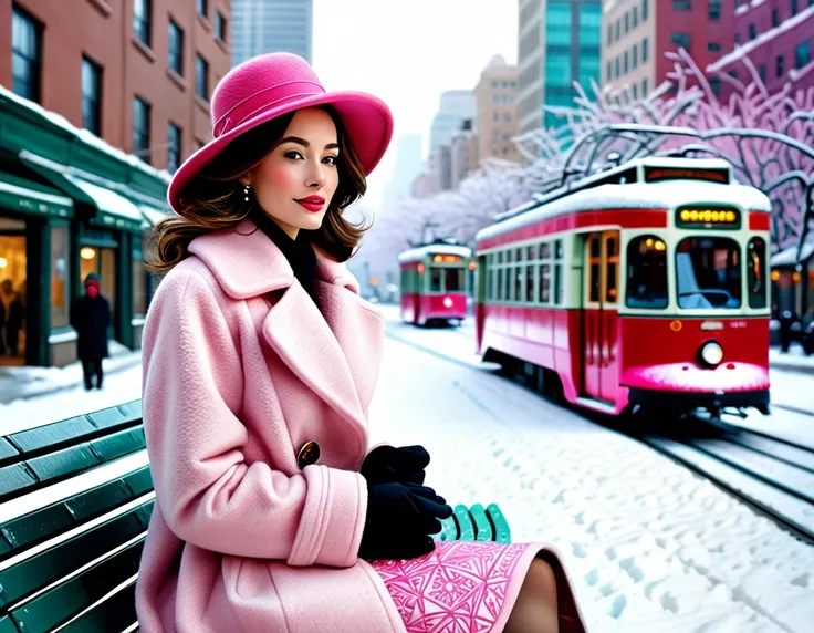 Bold lines define the scene with a prominent figure wearing a vibrant pink, fluffy coat and large matching hat. Intricate swirling patterns create an ethereal atmosphere, while snowflakes gently fall against the urban backdrop. The woman exudes confidence ...