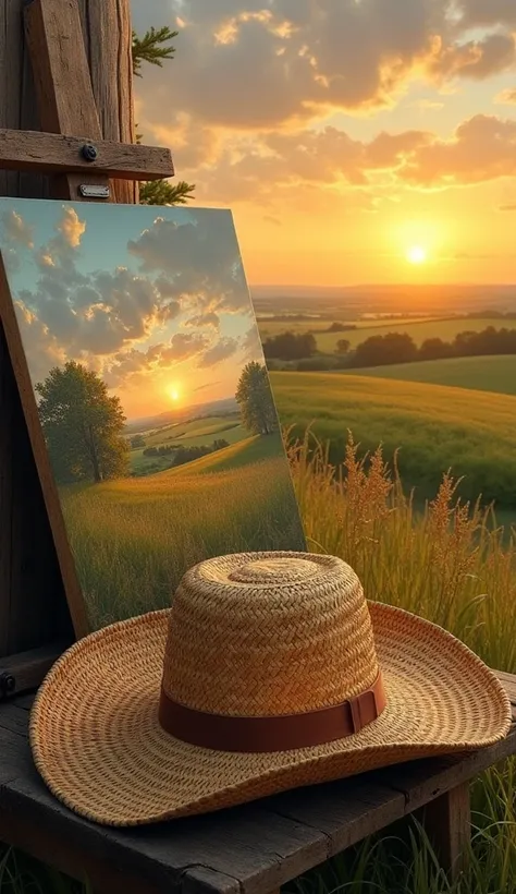 A sheet of canvas depicts a sunset in the countryside and next to it is a straw hat, worn by time. 