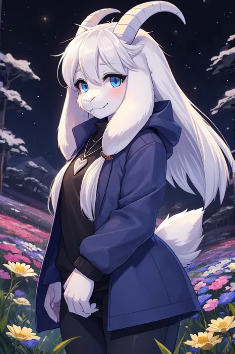 woman, young adult, shy, shy expression, alone, in a field of flowers, furry, goat, anthropomorphic goat, asriel, undertale ((as...