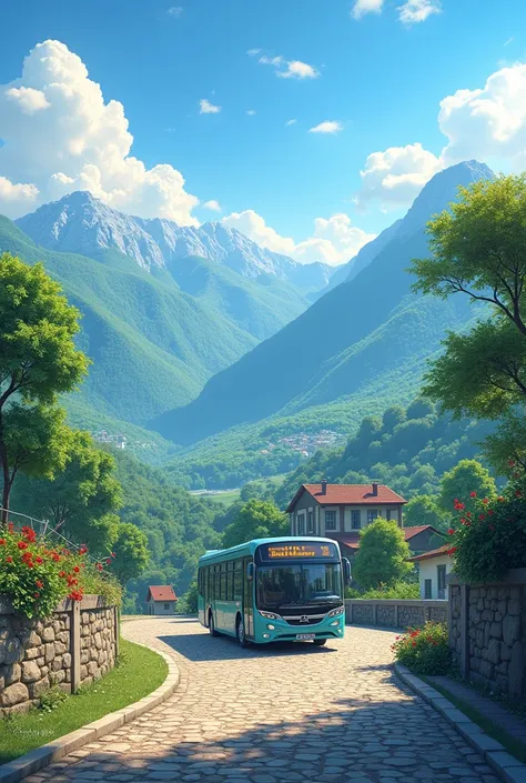 Imagine a cobbled hill with a new bus with a sign " 903 C SAINT JANUARY" amidst green mountains 