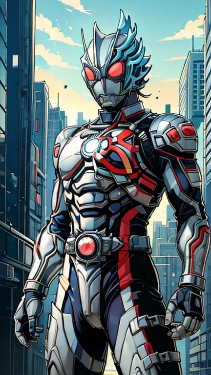 (8k),(masterpiece),(Japanese),( boy),((innocent look)),((Childish)),From the front, upper body, Cowboy shot, silver helmet, silver domino mask, silver mask,(ultraman blazar),Bald,No Hair, Standing, Daylight, bright, cyberpunk city,Kamen rider,camisa