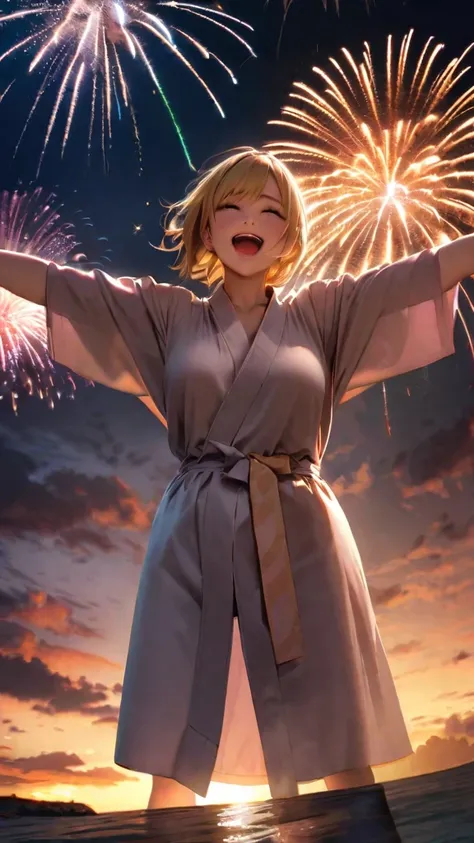 score_9, score_8_up, score_7_up, score_6_up, score_5_up, score_4_up, high quality, masterpiece, HDR, photorealistic, 1 girl, blonde hair, yukata, open mouth, happy, spread legs, spread arms, in sky, night sky, Fireworks are shooting up all over the backgro...