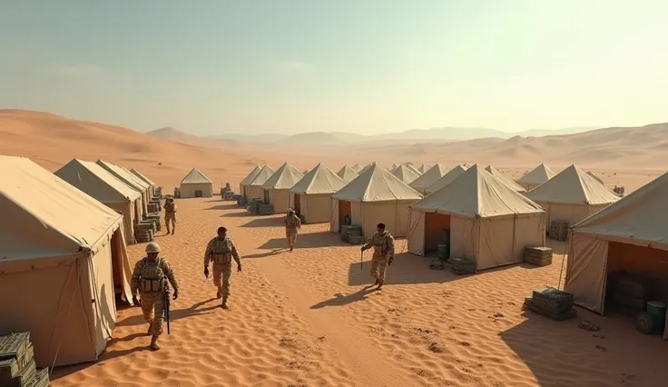 Image of tents pitched in the desert, and the army nearby preparing 4k image 