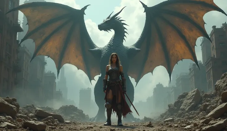  In a desolate, post-apocalyptic landscape, a fierce woman stands tall amidst the ruins of a shattered city. Her armor, made of scavenged materials, gleams dully in the dim light of a dying sun. Behind her, a massive dragon, its scales dark and worn, sprea...