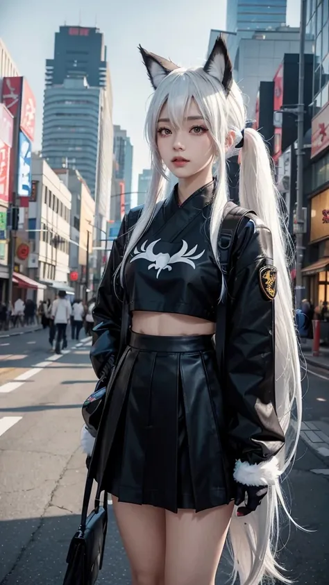 a japanes anime girl with white hair and blackfox ears standing in front of city, skirt, animal ears, twintails, tail, outdoors, black skirt, long hair, long sleeves, animal ear fluff, gloves, abs, building((over-the-shoulder shot:0.77))((bright color grad...