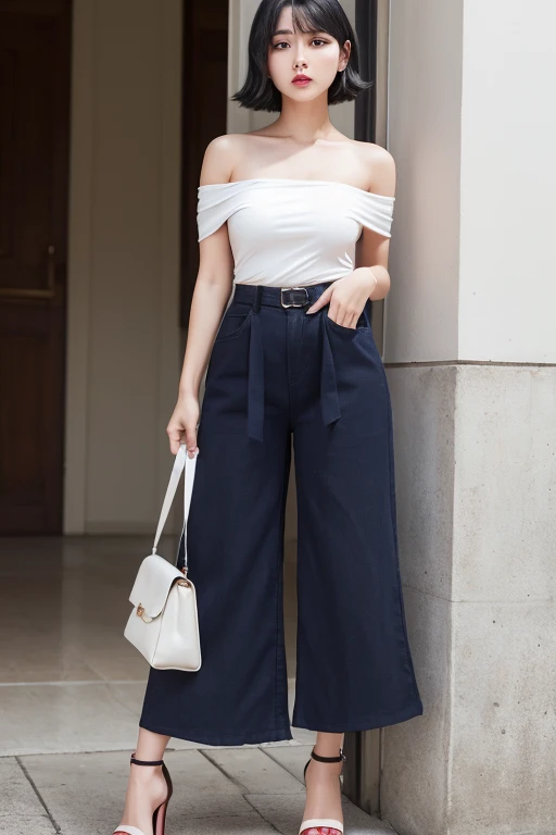 Black Hair,The front of the bob falls off,Heavy makeup,Cold Stare,White off-the-shoulder tank top,(Navy wide pants),High waist,Wine red lips,White skin,High heels,Expressionless