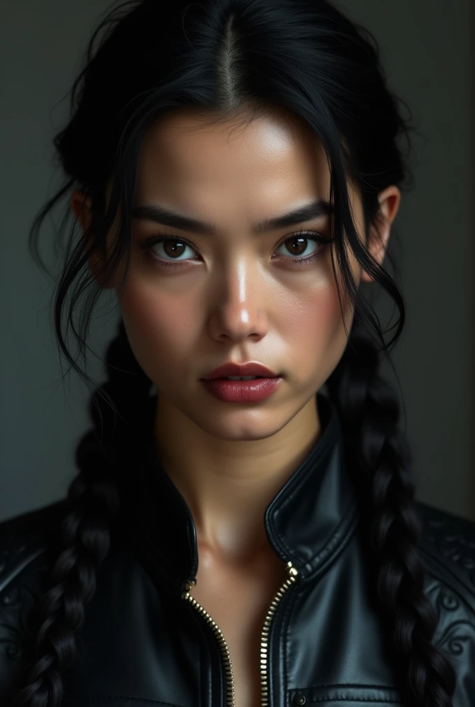 (photorealism:1.2), The image captures a striking young woman with a commanding presence and an air of intensity. Her facial features are sharp and well-defined, contributing to her formidable appearance. 

- **Eyes**: Her eyes are the most captivating fea...