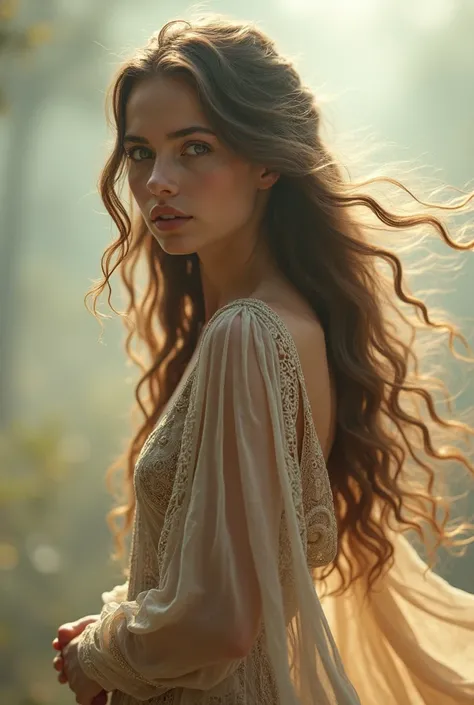 Beautiful girl with long wavy hair, bohemian dress looking to the side