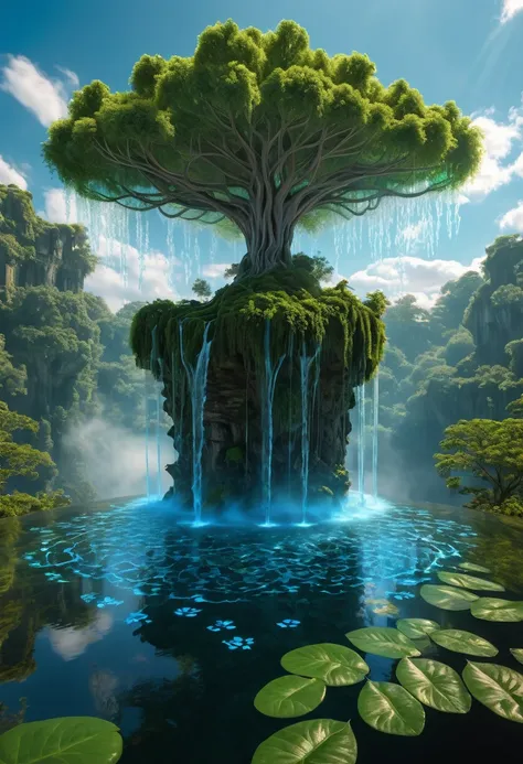 Waterfall Medium shot. Floating island in a sky, with holographic waterfalls and ancient symbols,  intertwined with bioluminescent vines. Wide angle lens. Vibrant dreamlike colors with volumetric mist and glowing detail. Holographic water ripples and biolu...