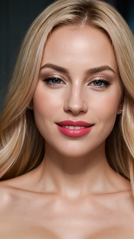 A realistic cinematic image of a blonde woman with large lips and large breasts,,Full and symmetrical lips, captured head on, made up with a soft pink lipstick with a glossy finish. Light highlights natural textures, sensual smile perfectly aligned teeth, ...