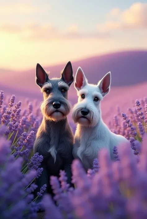 Two Salt and Pepper Schnauzers (one darker and one lighter) in a lavender field