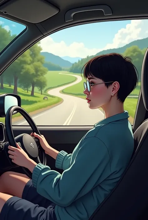 Roadtrip Stream, a woman with short men&#39;s hair and glasses, in a Suzuki swift sport