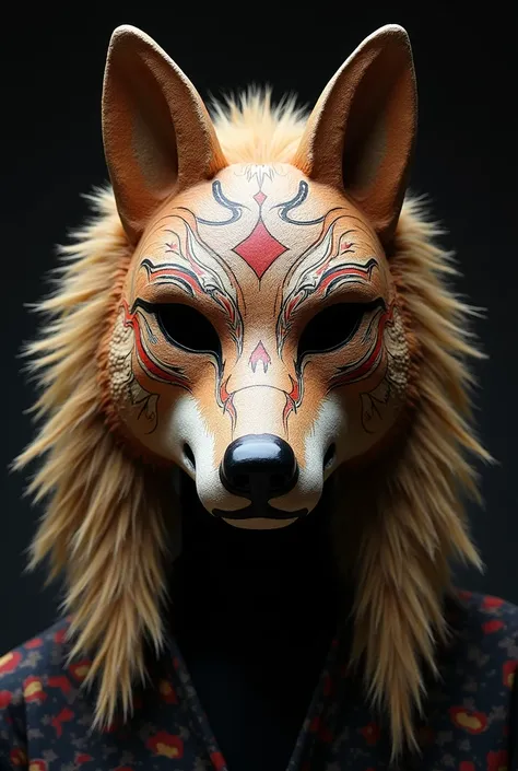 Japanese festival mask representing a maned wolf/lobo guará.
It should be facing front.
It should cover only the upper half of the face.
The wearers mouth and jaw should appear