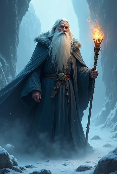 A 60-year-old man with a long white beard and mysterious. Frost wears a cloak and a staff that breathes fire. . He is 3 meters tall, is wise and powerful, with a great knowledge of ancient magic and enchantments and animation 